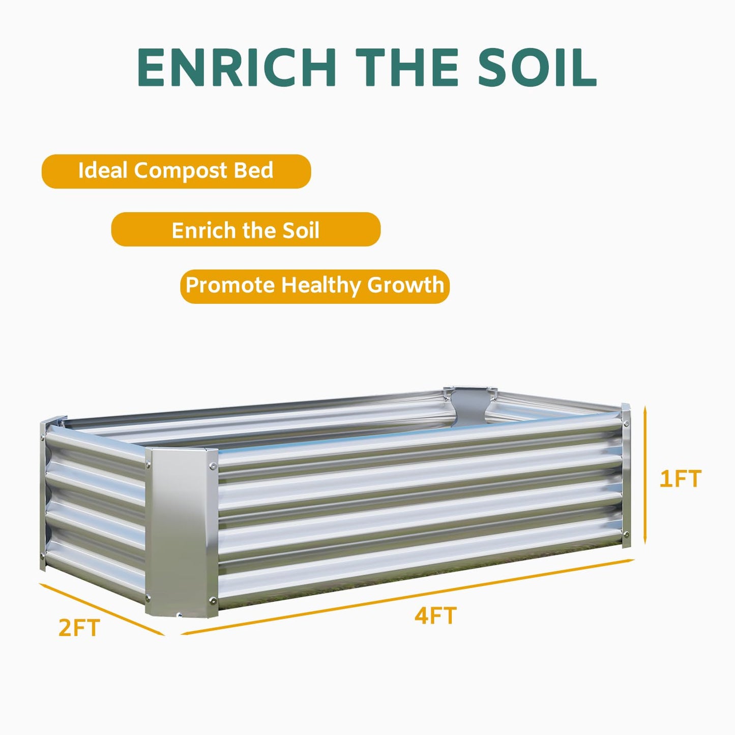 VERFARM Metal Galvanized Raised Garden Bed Kit, 4 x 2 x 1 ft Galvanized Steel Raised Garden Planter Box Outdoor with Open Base for Growing Vegetables/Flowers/Herbs/Fruits/Succulents, Rectangle, Silver