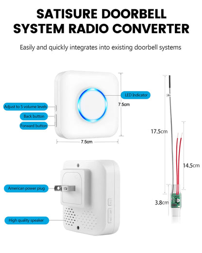 Satisure Wireless Doorbell Extender with Receiver Connects to Existing Hardwired Doorbell into Wireless Door Bell with 656 FT Range, 58 Chimes and 5 Volume Levels Door Chime for Home/Garage/Basement