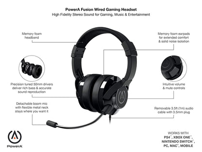 PowerA Fusion Wired Stereo Gaming Headset with Mic for PlayStation 4, Xbox One, X, Xbox One S, Xbox 360, Nintendo Switch, PC, Mac, VR, Android, and iOS - Black - Not Machine Specific
