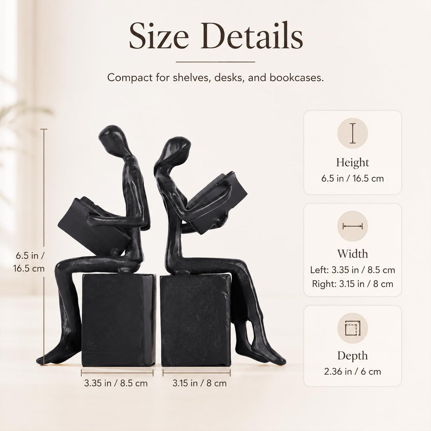 Iron Decorative Bookends for Heavy Books, Black Reading Couple Book Ends Decorative, Metal Thinker Bookends for Shelves Shelf Bookshelf Books Home Office Aesthetic or Book Lovers Gifts