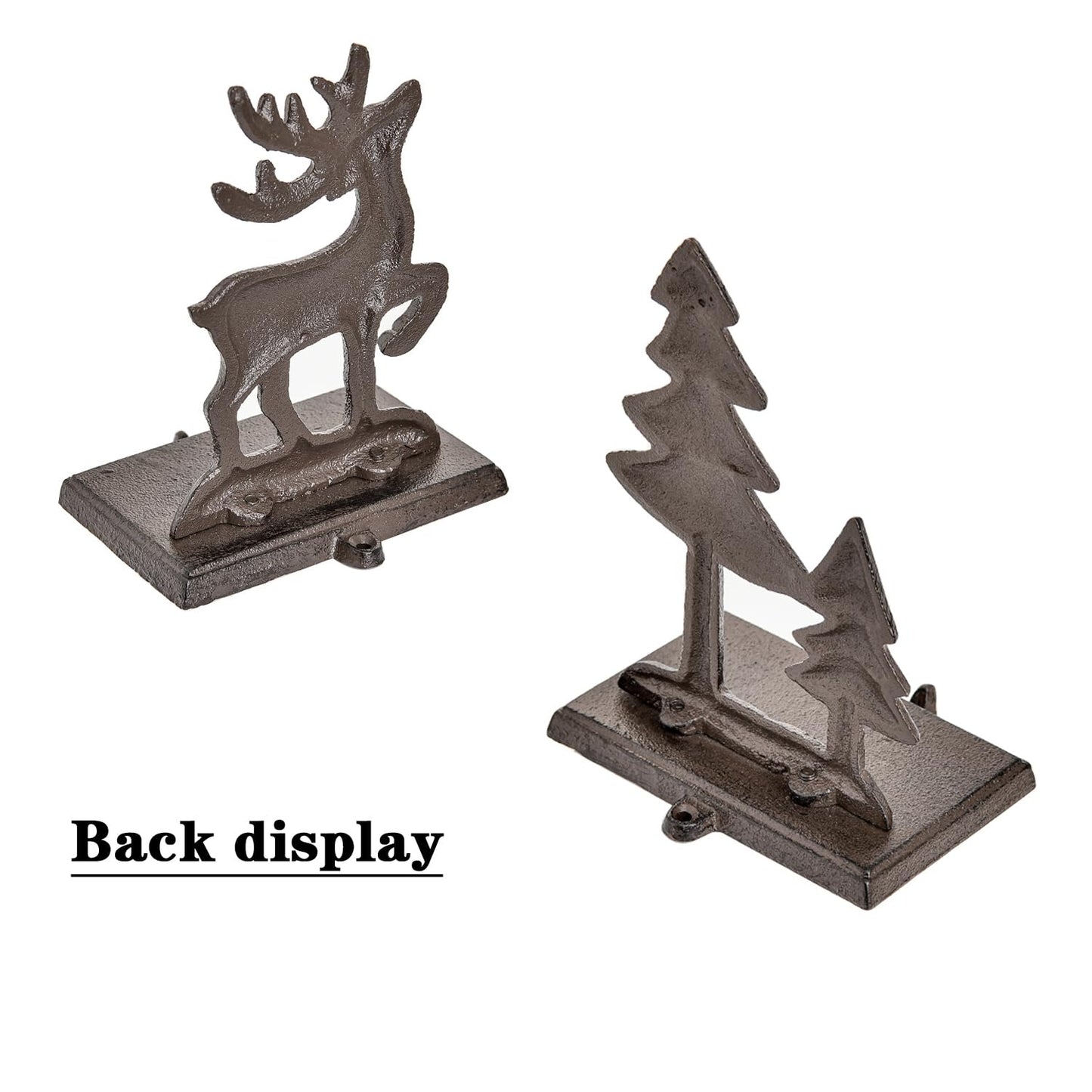 Sungmor Christmas Stocking Holders, 2PC Cast Iron Mantel Hooks Home Decor Holiday Gifts, Heavy-Duty Anti-Slip Fireplace Hangers, Christmas Tree Reindeer Pattern Hooks for Xmas Shelf Topper Decoration