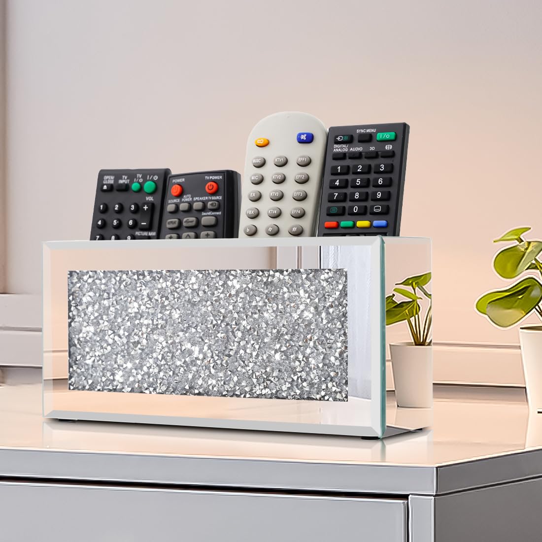 Pibeyer Mirrored Remote Control Holder Wall Mount, Silver Crush Diamond Remote Organizer Wall, Decoration Storage Box for Living Room, Bedroom, Home Decor