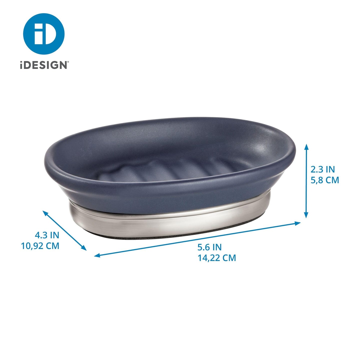 iDesign Ceramic and Steel Bar Holder, The York Collection Soap Dish, Matte Navy/Brushed Nickel