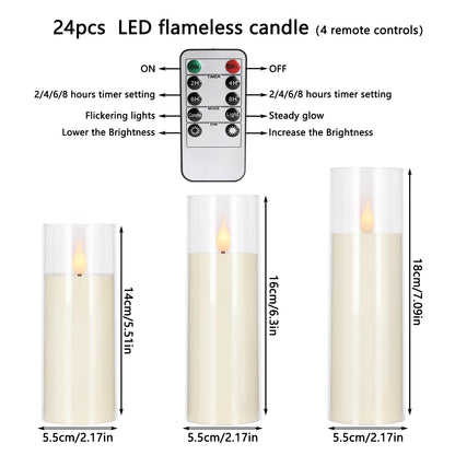 fclayvts 24 Packs of Acrylic LED Candles, Flickering Flameless Candles Battery Operated with Remote Dimmed and Timed, 3D Wick Candles for Home Decor,Wedding,Gift，Parties and Festivals. (3 Size)