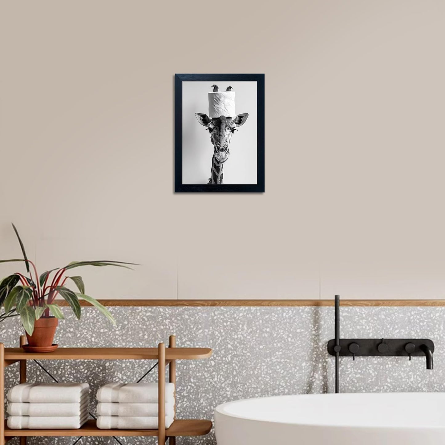 Bathroom Picture Wall Decor, Framed Black and White Bathroom Wall Art, Toilet Paper in Little Funny Raccoon's Hand Animal Canvas Print Painting