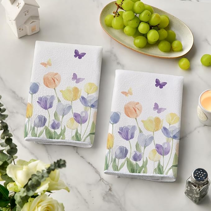 Artoid Mode Tulip Butterfly Floral Spring Kitchen Towels Dish Towels, 18x26