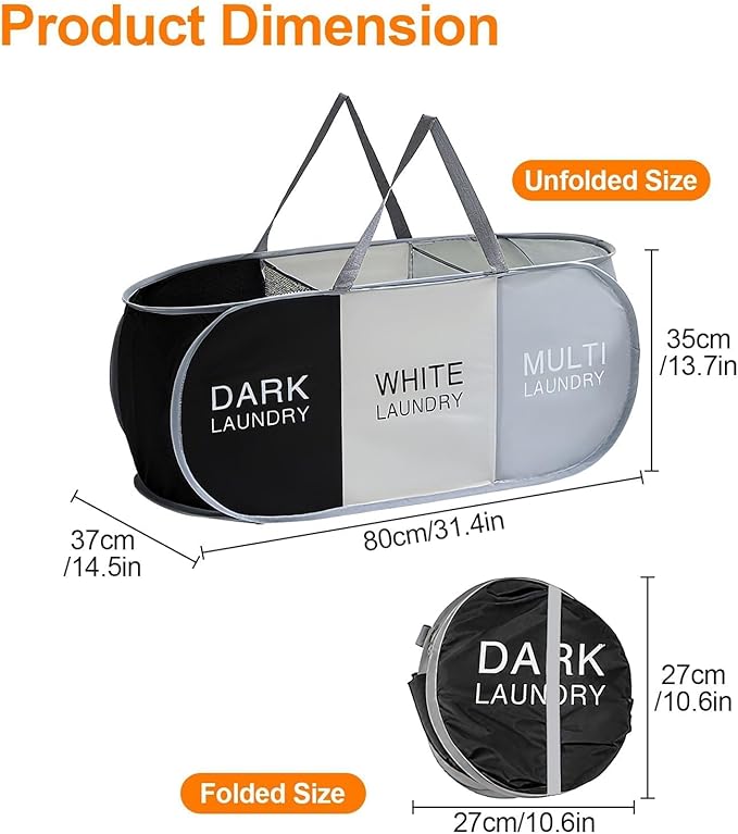 EEEKit 100L Pop Up Laundry Basket, 3 Sections Large Capacity Oxford Cloth