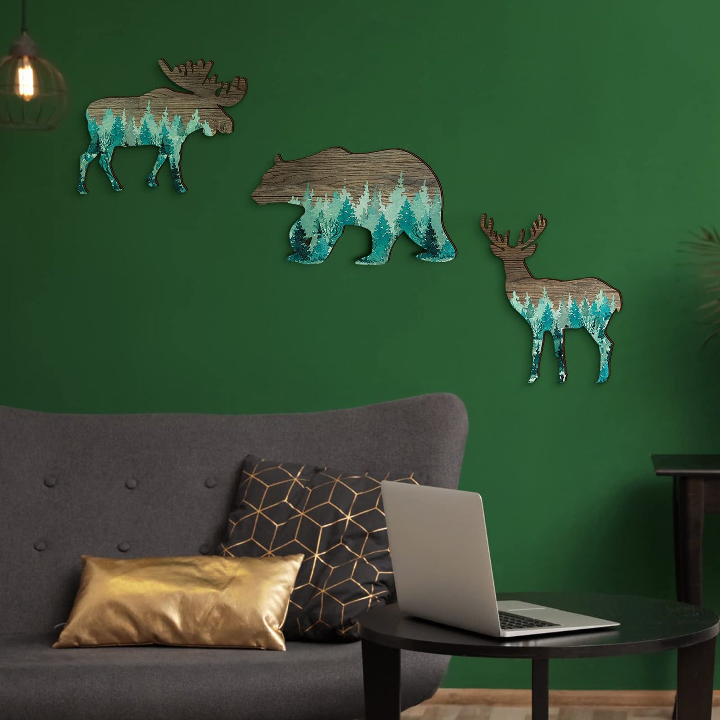 Newcotte Woodland Nursery Decor Bear Elk Wood Animal Cabin Wall Decor Trio Wildlife Hanging with Deer and Moose Rustic Woodland Animal Christmas Decorative Signs Set of 3