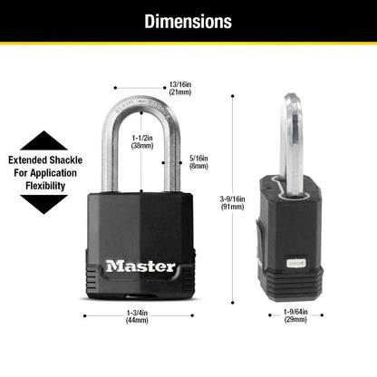 Master Lock Black Key Lock, Heavy Duty Weather Resistant Padlock with Cover, Keyed Alike Padlocks for Outdoor Use, 4 Pack, M115XQLF