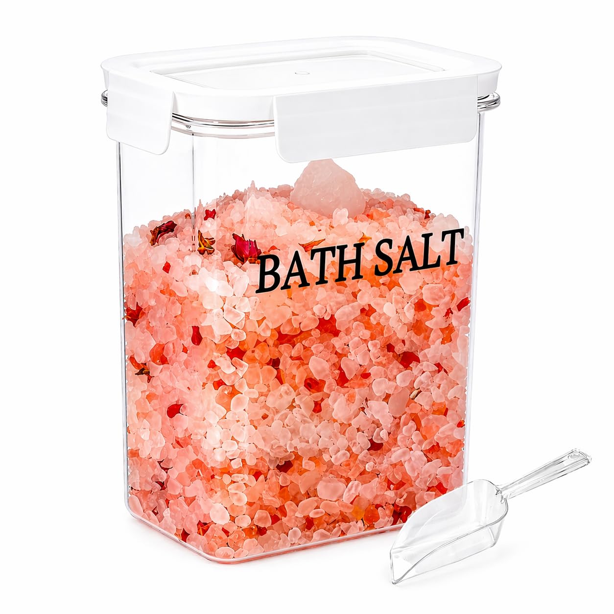 Qinpufu 61 oz Bath Salt Jar, Plastic Bath Salt Container with Scoop, Airtight Storage with Locking Lids, Stackable Clear Canister for Epsom Salt, Bathtub Accessories
