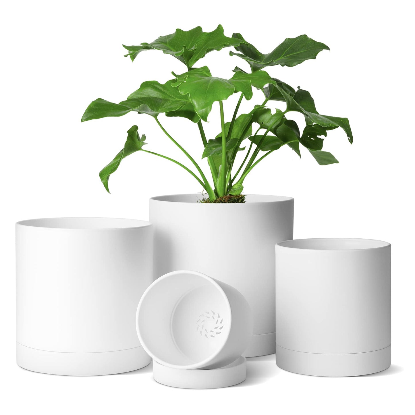 T4U 10/12.5/15/17.5 cm Plastic Flower Pot with Multiple Drainage Holes, Set of 4 Planters, Herb Pot with Saucer, Round Plant Pot for Indoor and Balcony Succulent Cactus, White