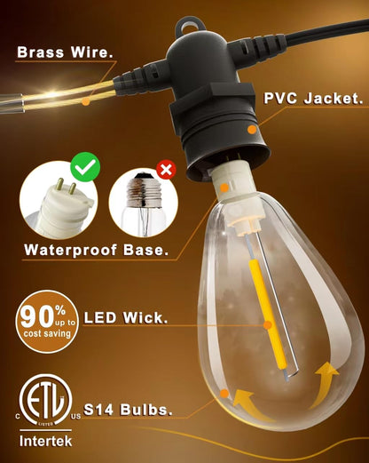 Jerritte 60FT LED Outdoor String Lights with 16+1 Edison Shatterproof IP65 Waterproof Bulbs, 2700K Dimmable Commercial Grade Patio Lights for Garden, Porch, Deck Decor