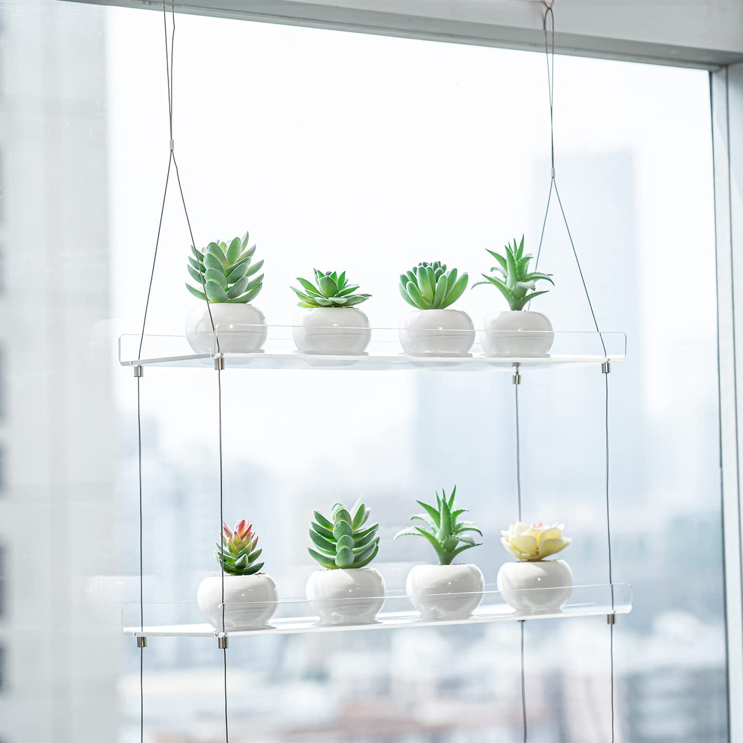 Sumerflos 2-Tier Acrylic Window Boxes Plant Shelves for Window of Kitchen, Bedroom, Living Room, 16 Inch Wall Flower Double Hanger Boxes Adjustable Hanging Shelves for Indoor Plants, Succulents