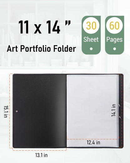 Nicpro 11x14 Art Portfolio Folder, 30 Pockets Display 60 Pages Art Painting Portfolio Binder with Clear Plastic Sleeves, Presentation Storage Book for Kids & Artists Artwork Drawing - (Black)