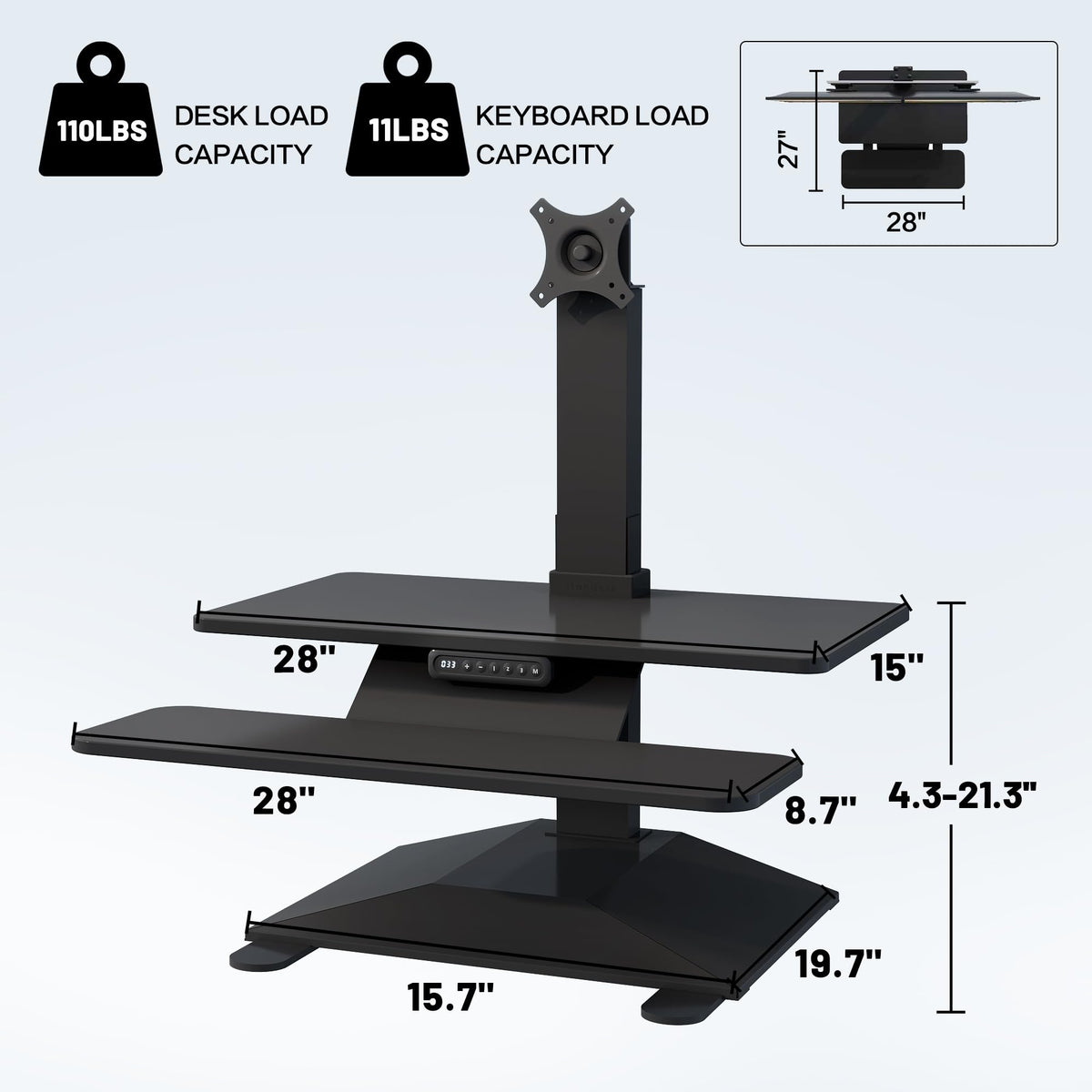 Electric Standing Desk Converter 28" Wide, Height Adjustable Desk Riser, Computer Workstation, Sit-Stand Convertor for Home, Office, School (Black, 1 Arm Included)