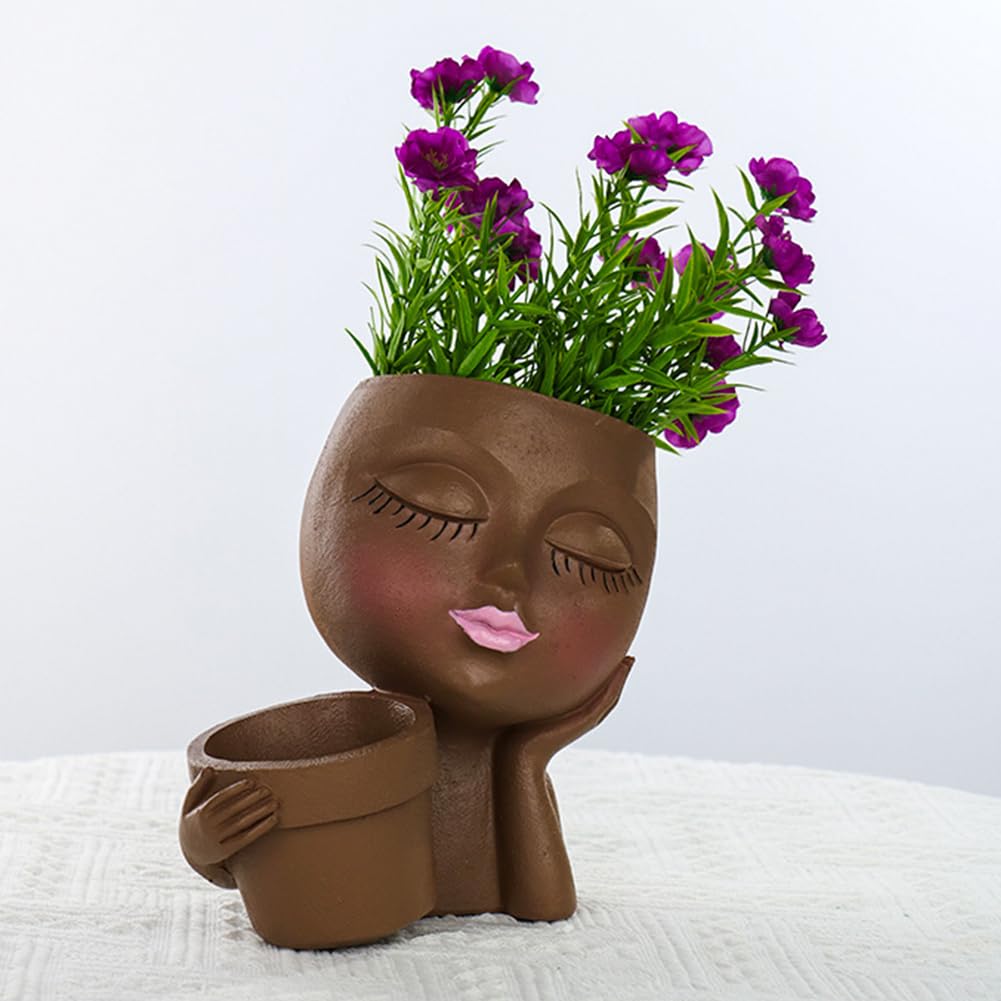 Rivonthex Lady Face Planter Pot with Dual Compartments, Resin, Indoor/Outdoor Succulent Planter, 6.3" x 4.3" x 6.7", with Drainage Holes (Brown, Small)