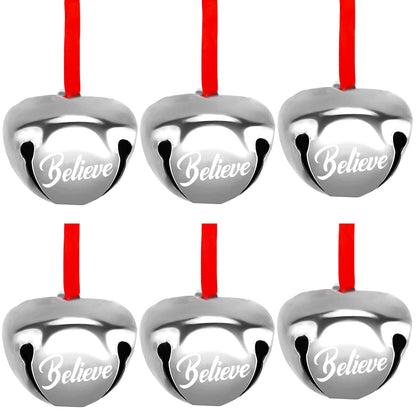 FOIMAS 12pcs 1.6 Inch Believe Bell Ornament Metal Christmas Sleigh Bells with Red Ribbon for Christmas Tree Holiday Decoration,Silver
