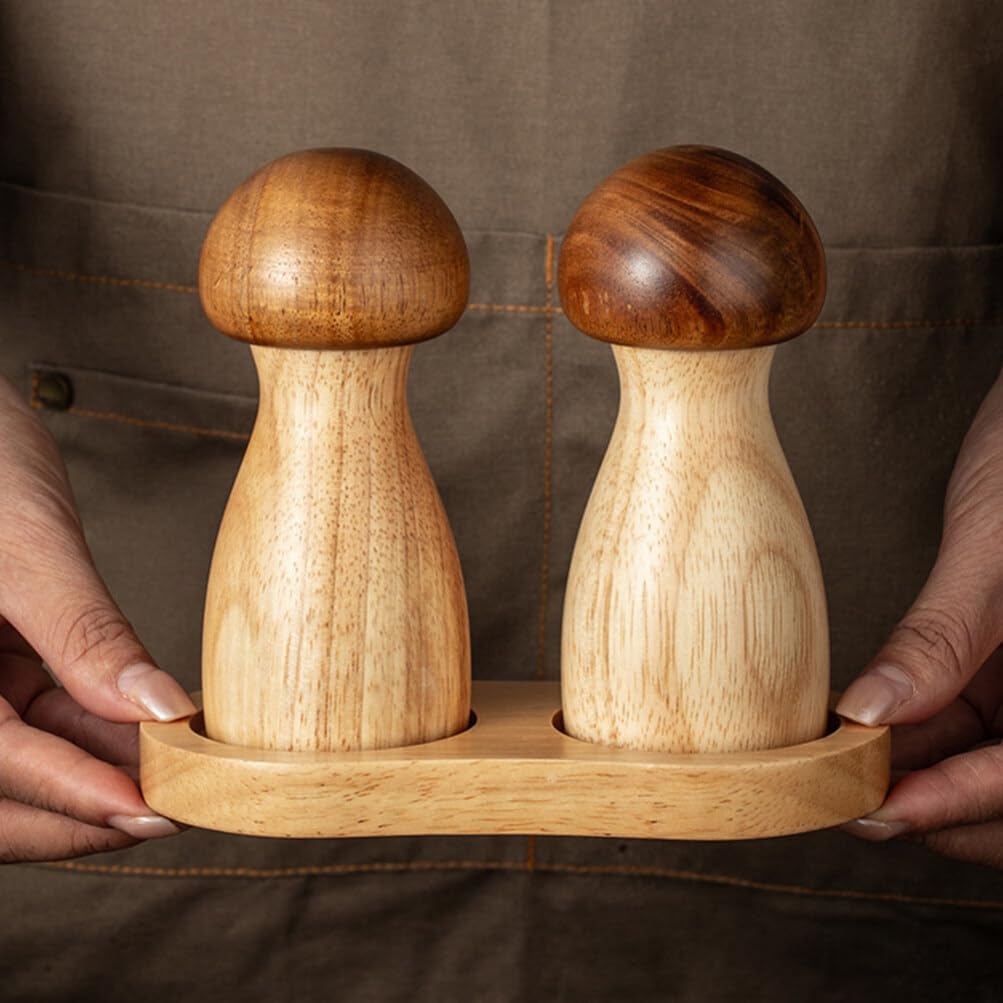 MAGICLULU Mushroom Shaped Salt and Pepper Grinder Set with Tray Manual Kitchen Spice Mill 5.90X5.11X3.14In Ideal for Home Cooking and Seasoning