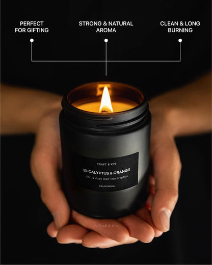 Craft & Kin Premium Orange & Eucalyptus Candle | Black Scented Candles for Home | Long Lasting with 45 Hour Burn Time, 7.6oz | Soy Candle | Aromatherapy at Home | Gifts for Men