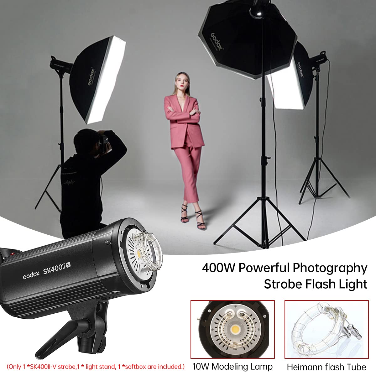Godox SK400IIV 400Ws Photo Studio Strobe Flash Light Kit,GN65 2.4G X System,Bowens Mount with 10W LED Modeling Lamp,Tripod Stand,Softbox,Reflector for Wedding,Portrait,Fashion,Product Photography