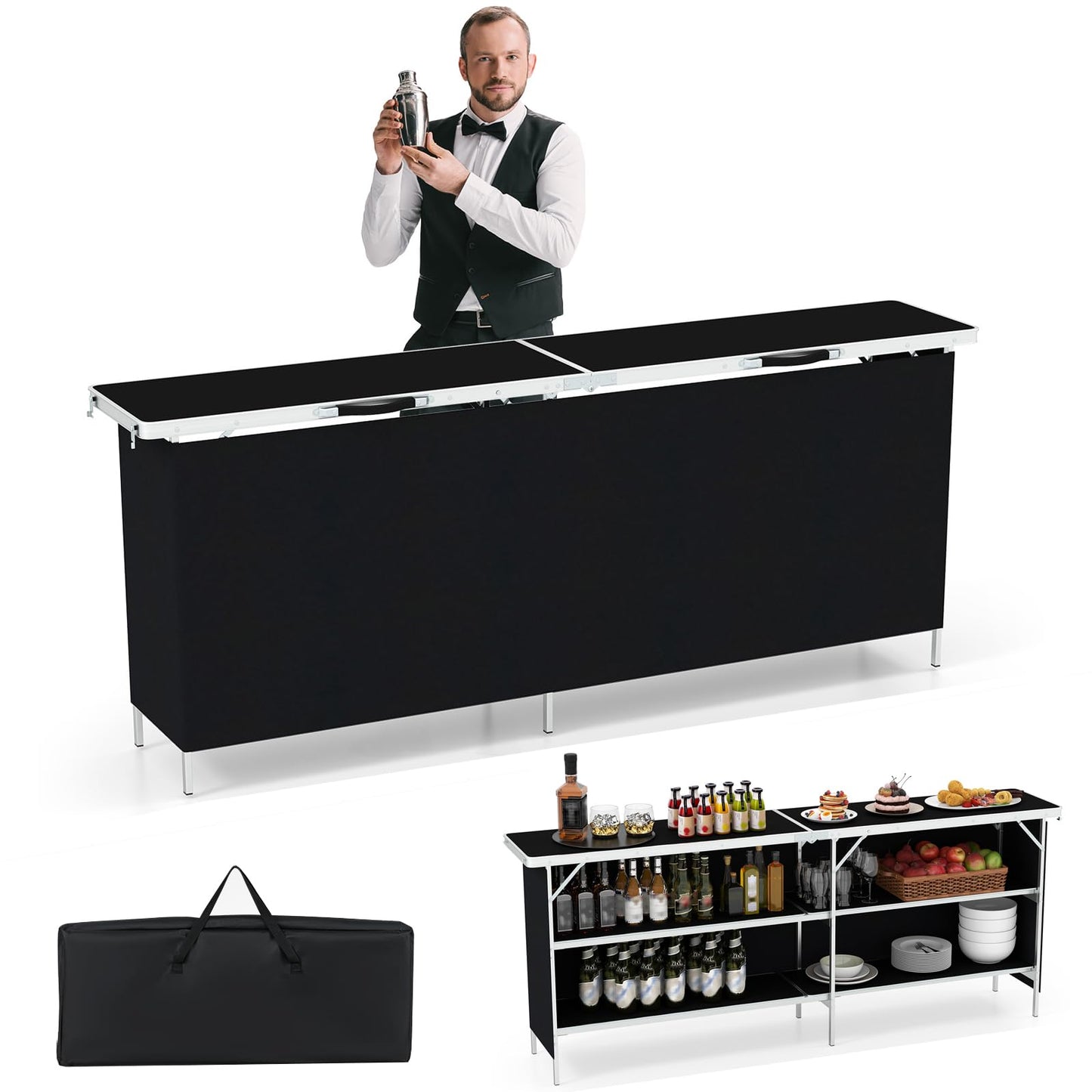 Giantex 81" Extra Long Portable Bar Table with 2-Tier Storage Shelves, Folding Mobile Bartending Station with Removable Skirt, Carry Case, for Events, Parties, Trade Shows (Black, 81''L x 32.5''H)