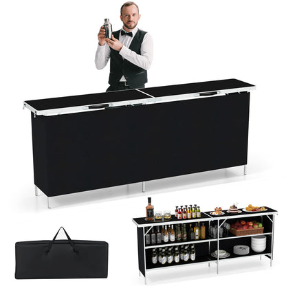 Giantex 81" Extra Long Portable Bar Table with 2-Tier Storage Shelves, Folding Mobile Bartending Station with Removable Skirt, Carry Case, for Events, Parties, Trade Shows (Black, 81''L x 32.5''H)