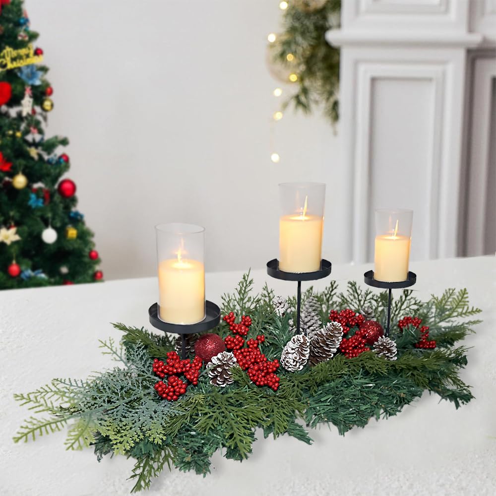 27.6" Christmas Table Centerpiece with Lighs Christmas Candle Holders with 3 Trays Red Berries Balls Pine Cones Xmas Pine Garland Lights Decoration for Centerpiece Table Mantel Holiday Home Decor