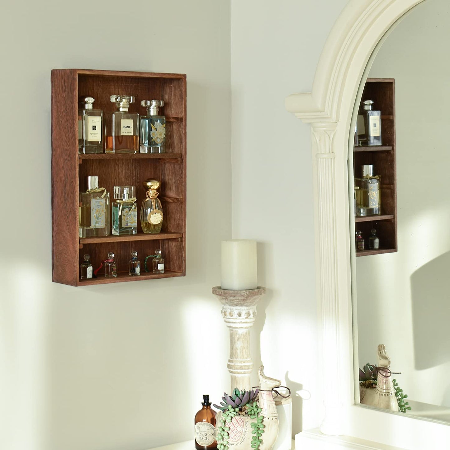 Ikee Design Wooden Wall-Mounted Display Shelves Rack for Collectibles-Figures,Shot Glasses,Spice Can,Cosmetics or Perfume-5 Adjustable Height Shelves,Space-Saving- Brown Color