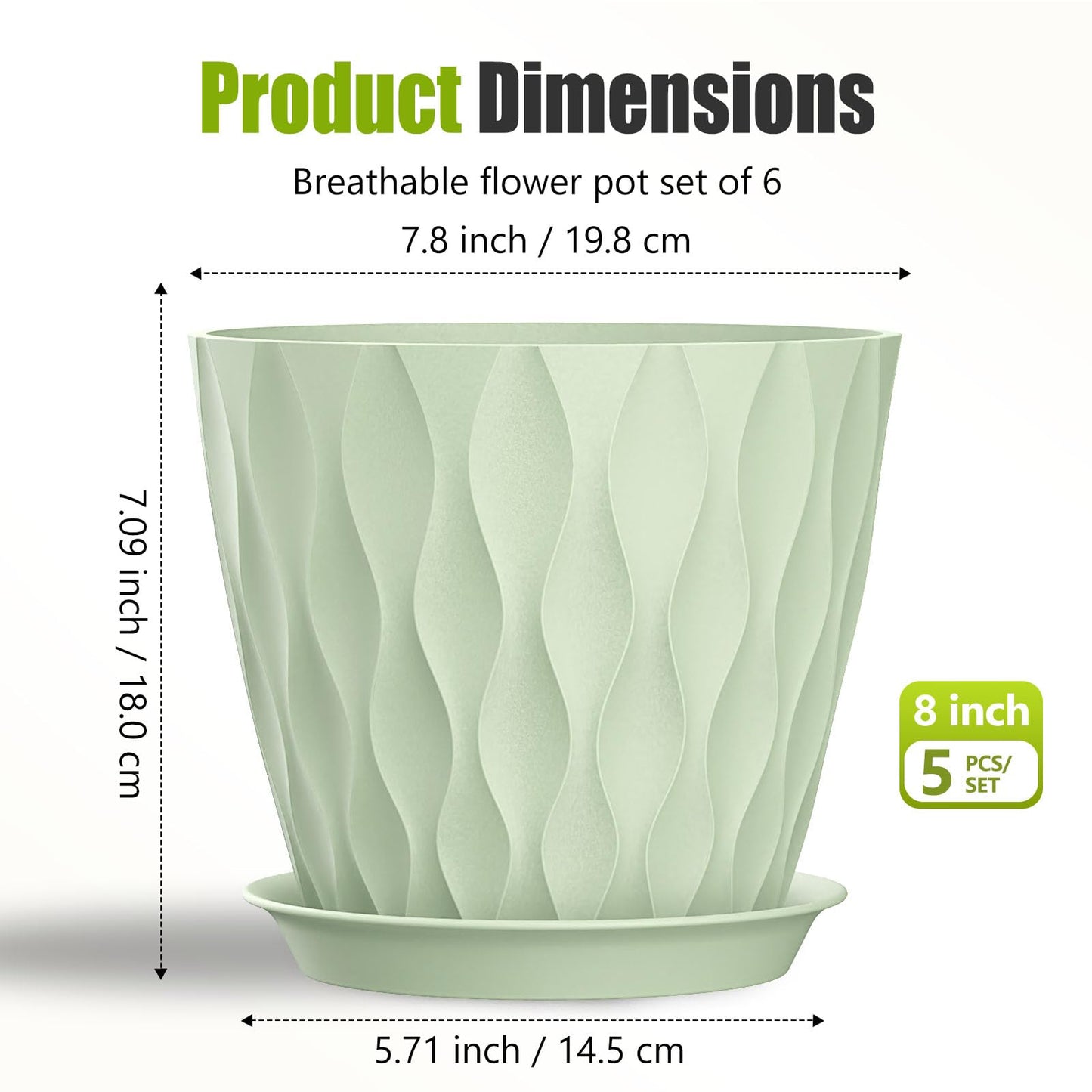 SQKH 8 Inch Plastic Plant Pots,Set of 5 Flower Pots,Planters with Drainage Holes & Saucers, Indoor Outdoor Garden Pots for Home Decor(Green)