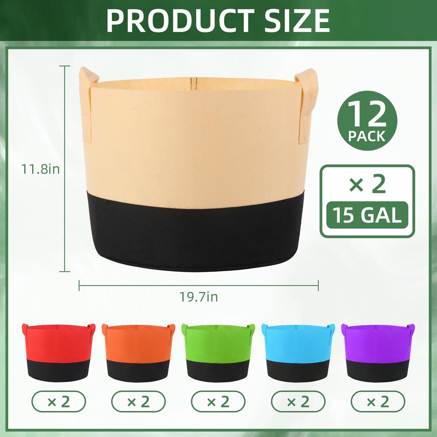 Ohiyoo 12 Pack 15 Gallon Grow Bags Colorful Fabric Plant Pots with Handles 15 Gal Garden Grow Bags Fabric Grow Pots Plant Growing Bags Vegetable Planting Bags for Garden and Outdoor (15 Gallon)