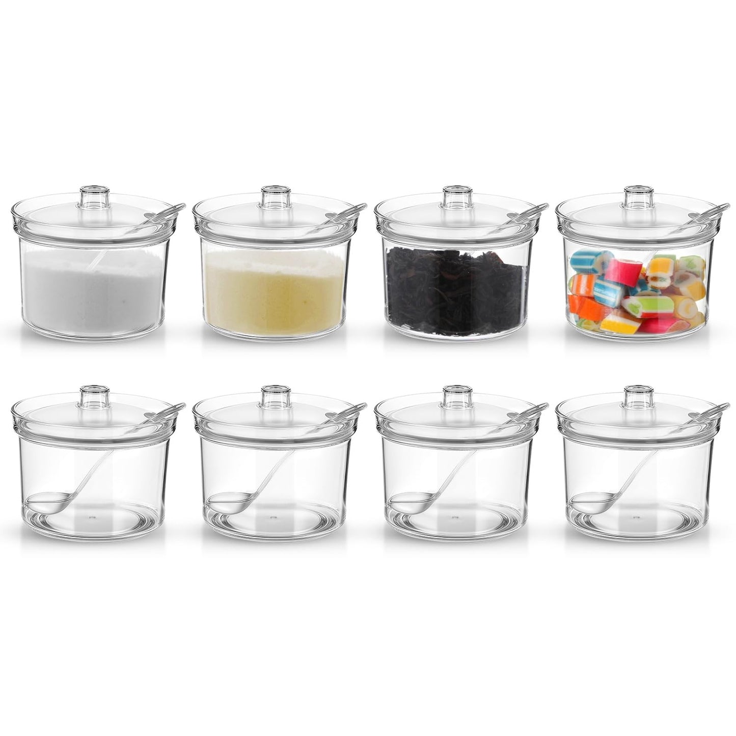 Dimeho 8 Pcs Clear Sugar Bowls Acrylic Salt Storage Jar with Lid and Spoon Organizer Condiment Holder Bottle Case for Kitchen Tea Spices Seasoning Restaurants Cocoa Bar