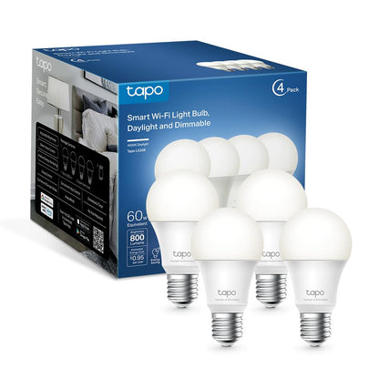 Tapo TP-Link Smart Light Bulbs - Natural Daylight, Dimmable, Compatible w/Alexa and Google Home, A60 Bulb/E27 Base, 60W Equivalent, 800LM CRI>90, 2.4GHz WiFi Only, No Hub Required, L520E(4-Pack)