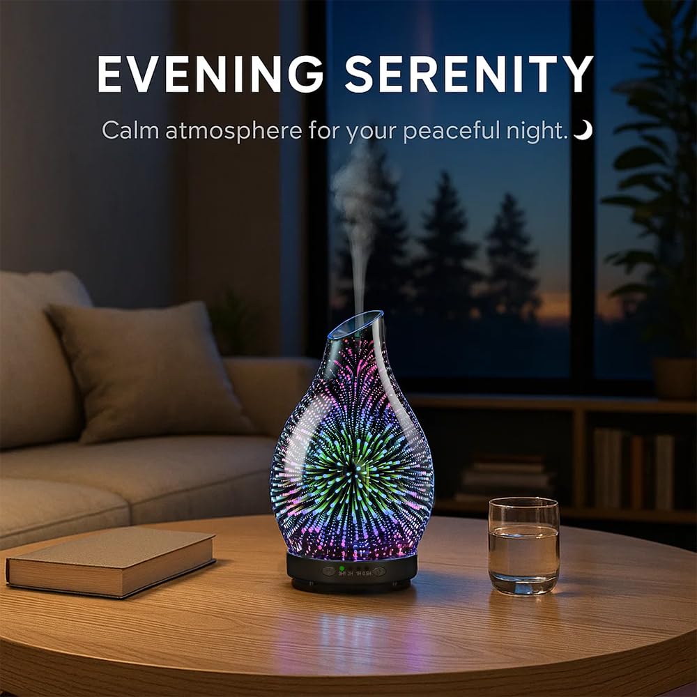 120ML Essential Oil Diffuser, 3D Glass Aromatherapy Diffuser with Auto Shut-Off and 7 Color LED Lights, Ultrasonic Mist Humidifier with 4 Timer for Home Office Bedroom (3D Fireworks)