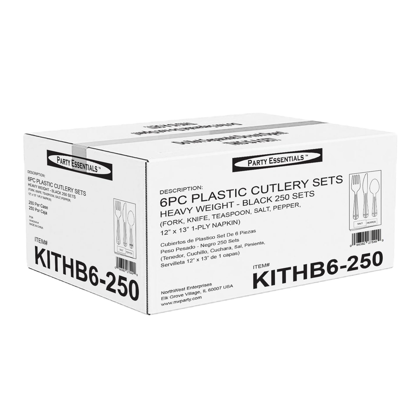 Party Essentials Individually Wrapped Plastic Cutlery Kits/Packets, Includes Heavy Duty Black Fork/Spoon/Knife/Napkin/Salt/Pepper, 250 Sets