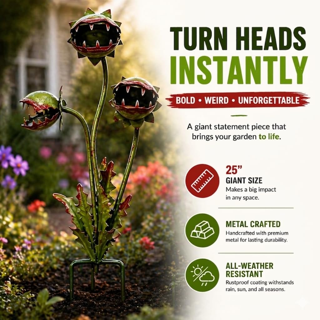 Metal Carnivorous Plant Garden Stake,25in Handmade Iron Large Venus Flytrap Monster Plant Sculpture,Whimsical Flower Outdoor Decor,Durable for Flower Beds,Patios & Planters,Unique Quirky Garden Gift