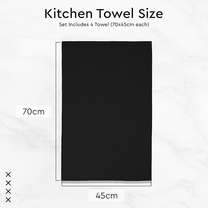 Encasa XO Kitchen Dish Towels Set | Black | Waffle Weave and Flat Hand Tea