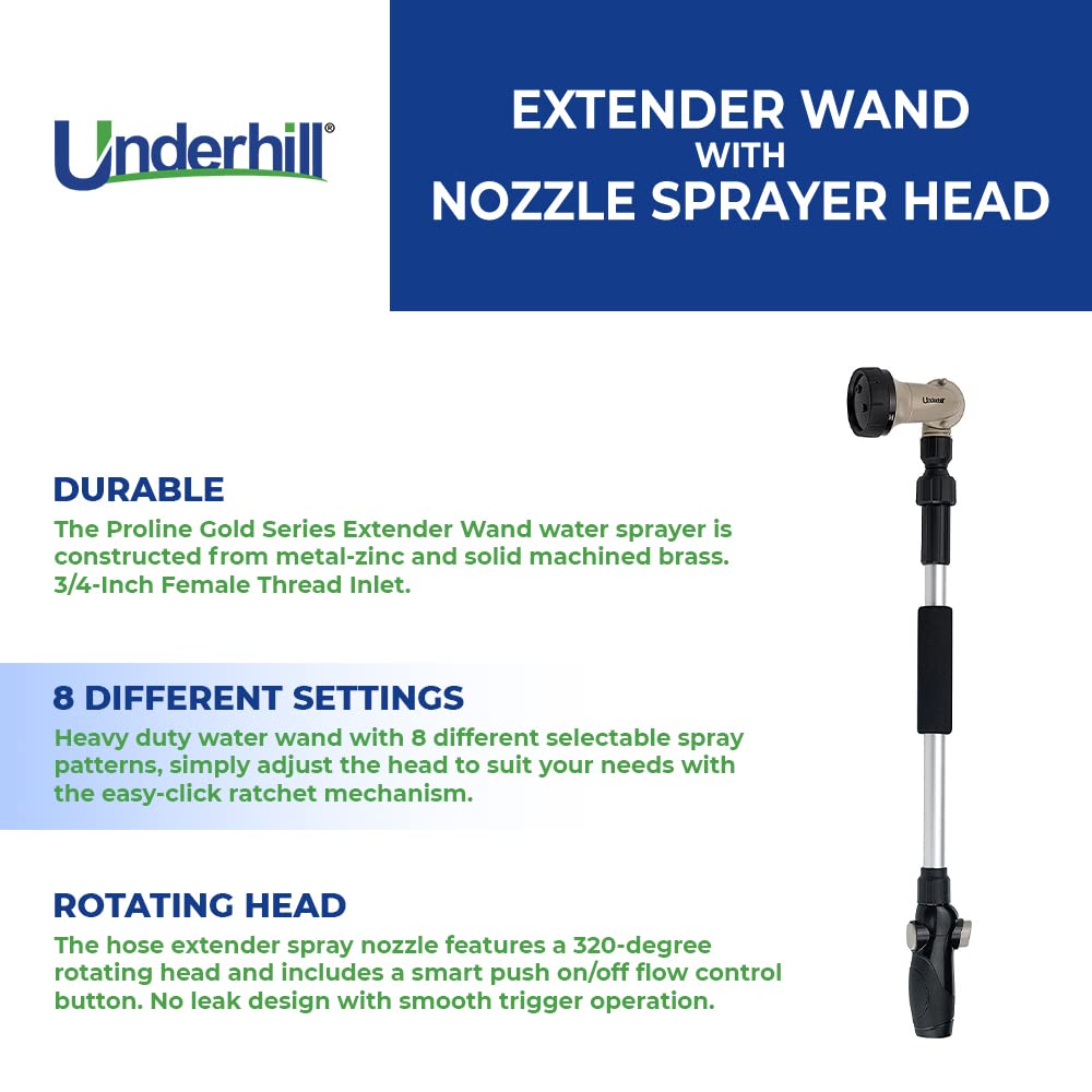 Underhill Proline Gold Series Garden Watering Extender Wand for Hose with Nozzle Sprayer Head, 3/4-Inch Thread Inlet, Jet Attachment, NG200-TW