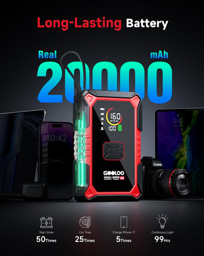 GOOLOO A5 Jump Starter with Air Compressor, 4000A Car Battery Jump Starter (All Gas/10.0L Diesel) with 160PSI Tire Inflator Auto-Off, 45W PD Fast Charging, 12V Jump Box Car Jumper Starter Portable