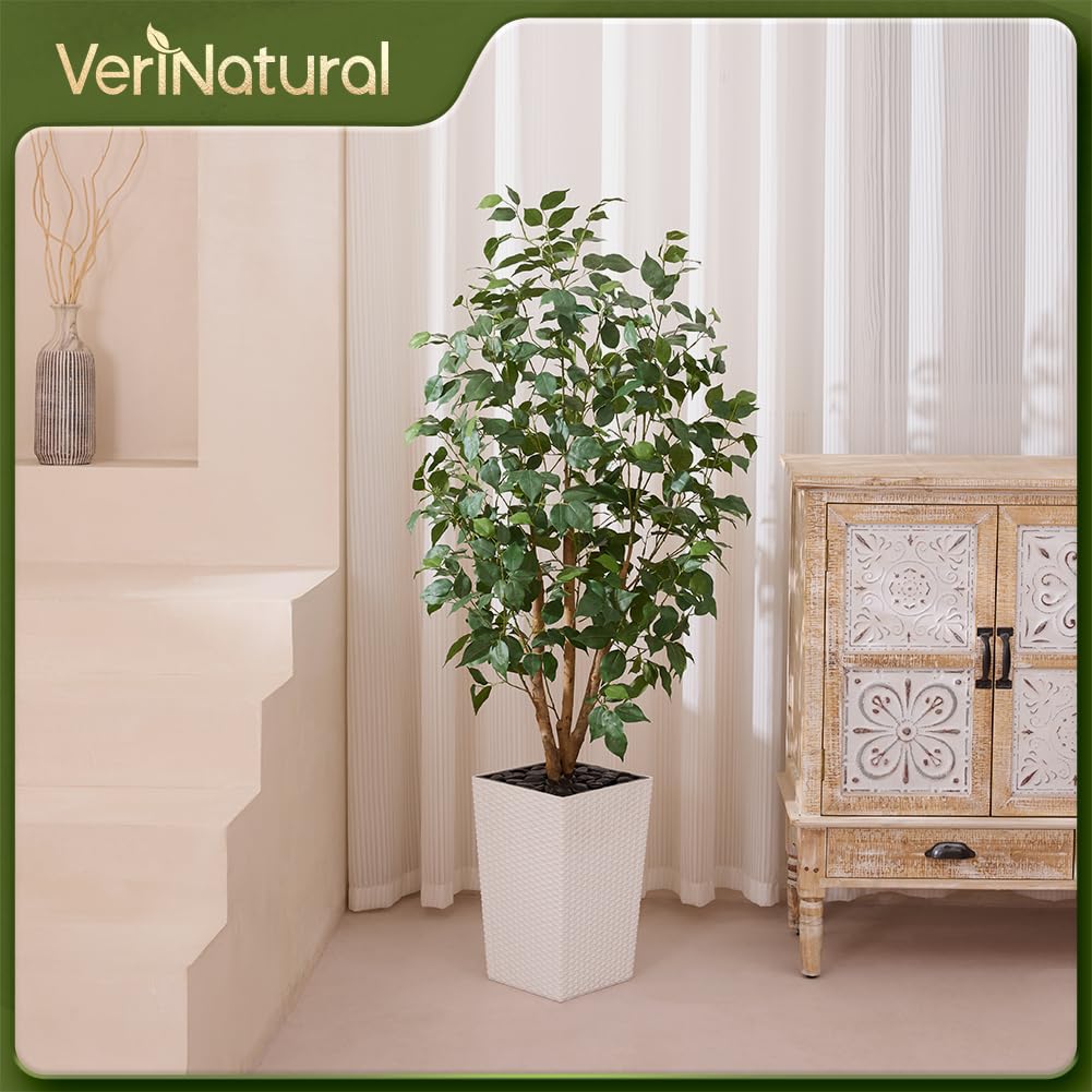 VeriNatural 5ft Artificial Ficus Tree,Tall Faux Tree with Pebbles & Planter UV Resistant Potted Fake Plant with Silk Leaves & Real Wood Trunk,Indoor Outdoor Floor Plant for Home,Living Room,VN129