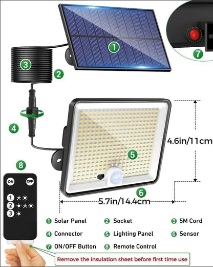 LOTMOS Solar Lights Outdoor, 342LED Remote Solar Security Lights Outdoor Motion Sensor, 3 Modes Garden Light Solar Powered Waterproof Pir Flood Lighting for Yard Shed Garage Outside,Cool White