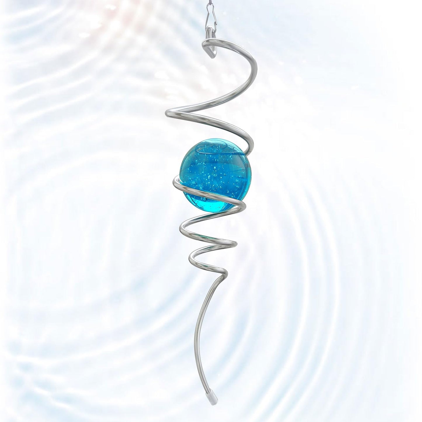 Eiryhope Gazing Ball Wind Spinner Spiral Tail with Blue Glass Orb | Creates Captivating Visual Illusion in Spinning, 13In Wind Spinners Stabilizer | Hanging Rotating Art Outdoor Garden Decor & Gift