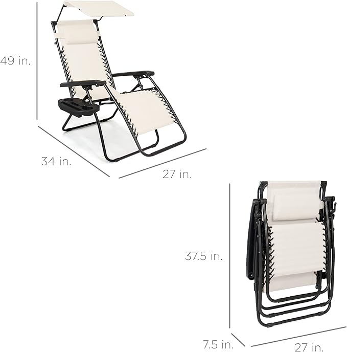 Best Choice Products Folding Zero Gravity Outdoor Recliner Patio Lounge Chair w/Adjustable Canopy Shade, Headrest, Side Accessory Tray, Textilene Mesh - Ivory
