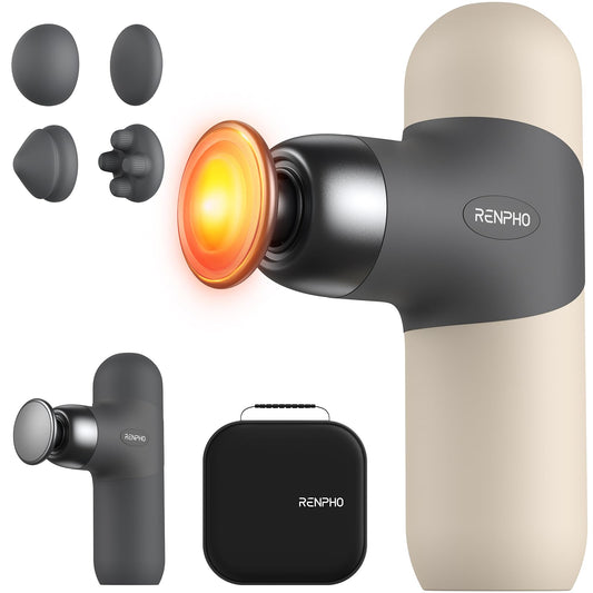 RENPHO Mini Thermal Massage Gun with Heat, Portable Deep Tissue Percussion Massager, Color Silicone Sleeves Travel Size with Carry Case, Grey