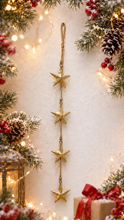 Rustic Gold Star Garland with Rope – Handmade Brass Metal Hanging Star Cluster for Farmhouse, Cow Bell Cluster, Christmas, Holiday, and Outdoor Garden Decor (Star Garland 24")