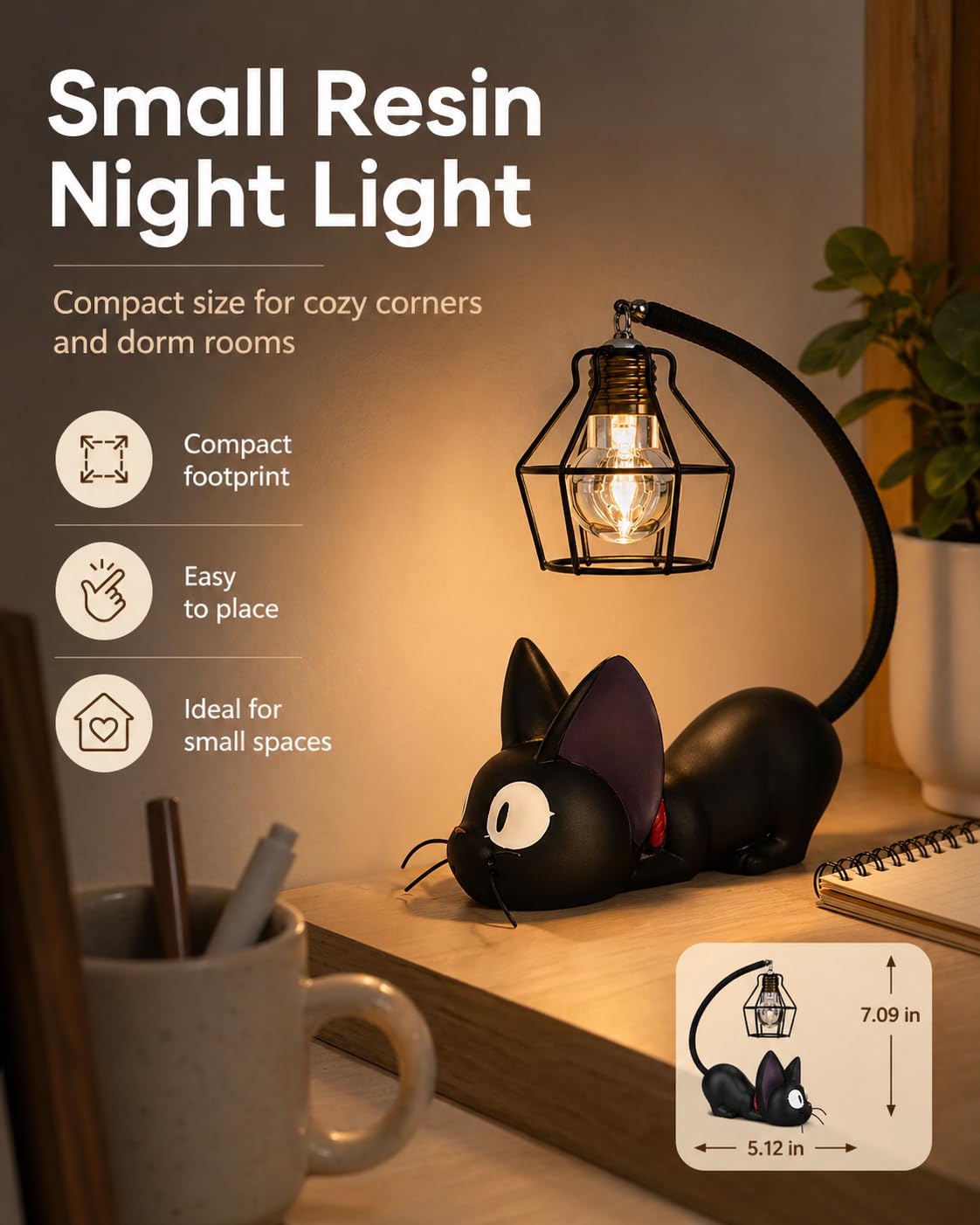 OVANUS Jiji Cat Lamp, Kiki's Delivery Service Night Light, Studio Ghibli Inspired Resin Black Cat Lamp for Bedroom Desk Shelf Decor, Gift for Anime Fans