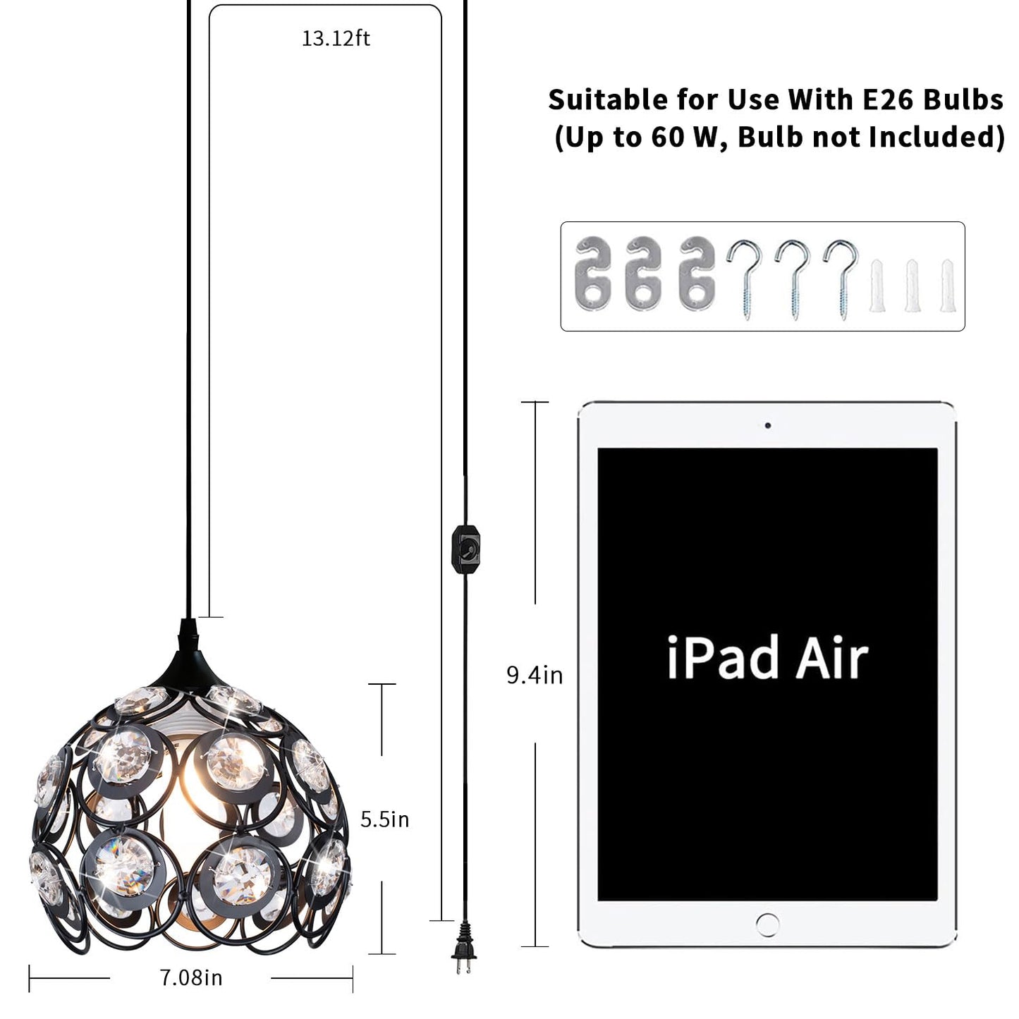 TISLYCO Black Plug in Chandelier, Crystal Hanging Lights with Plug in Cord 13.12ft and On/Off Switch, Hanging Pendant Light for Kitchen Island Bedroom Reading Area