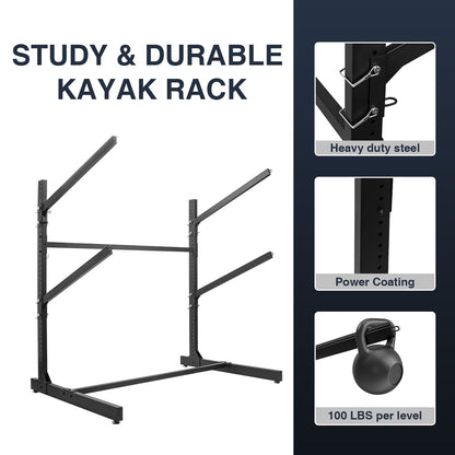 QonicFly Heavy Duty Kayak Storage Rack - Adjustable Freestanding Stand for Kayaks, Canoes, Paddleboards, and Surfboards - Ideal for Garage, Shed, Dock, and Outdoor Storage (2 Levels)