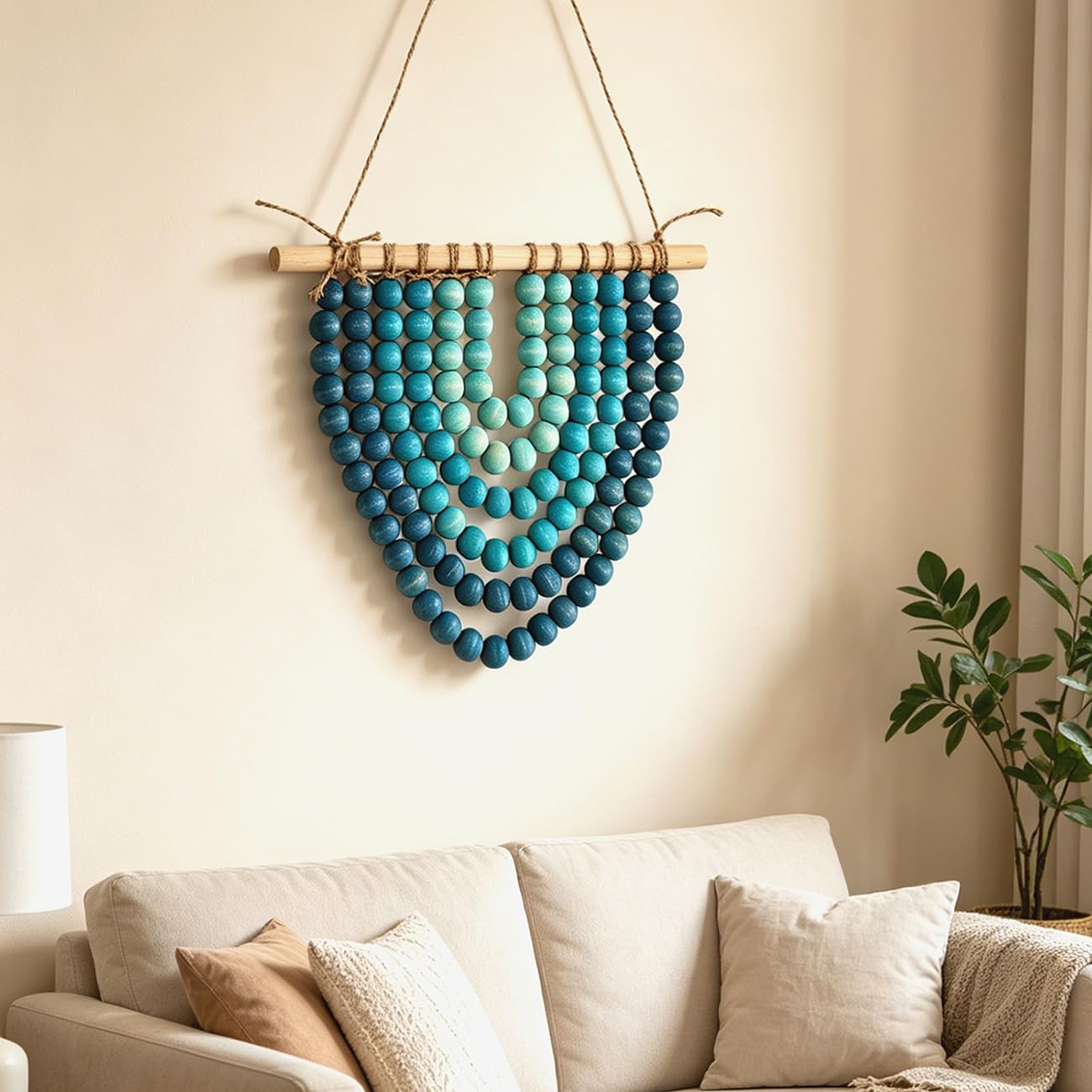 Boho Wooden Bead Garland Wall Hanging Tapestry Ombre Gradient Blue Handmade Wood Beaded Wall Art Natural Theme Coastal Wall Decor for Living Room Bedroom Entryway Apartment Dorm Home Office Decoration