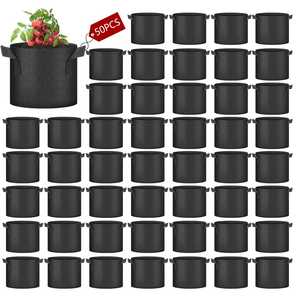 Ukontagood 50 Pack Grow Bags, Black Heavy Duty Fabric Pots Nonwoven Potato Grow Bags with Sturdy Handles & Reinforced Stitching, Breathable Vegetable Flower Plant Growing Containers Bags (10 Gallon)