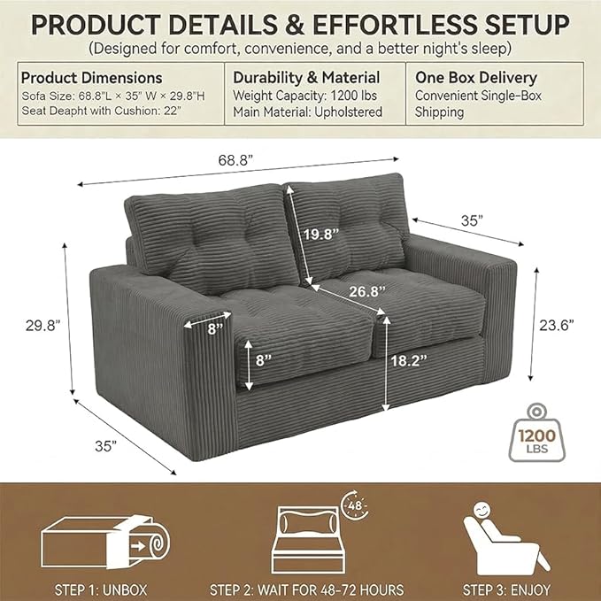 69" Corduroy Loveseat Sofa in a Box, High-Density Foam Couch, No Assembly